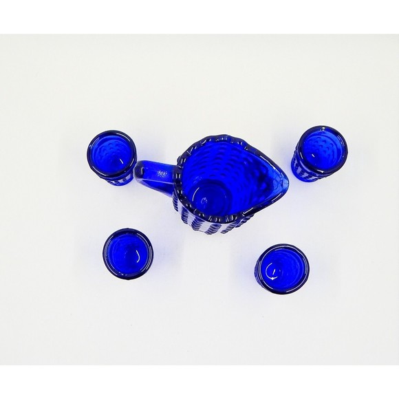 Child's Cobalt Blue Hobnail Mini Water Pitcher With 4 Tumblers Glasses - Picture 3 of 9